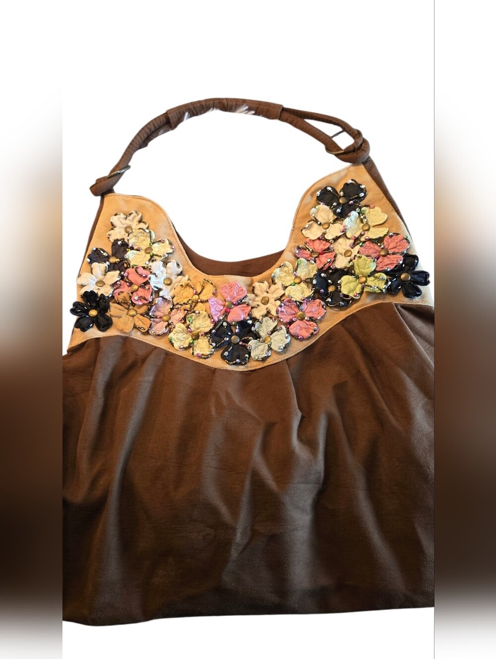 Suede Type Brown Boho bag with Floral Embellishments